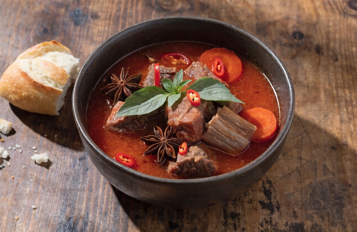 Tô bò kho với nước sốt đỏ cam, miếng bắp bò, cà rốt và hoa hồi, bên cạnh là ổ bánh mì
