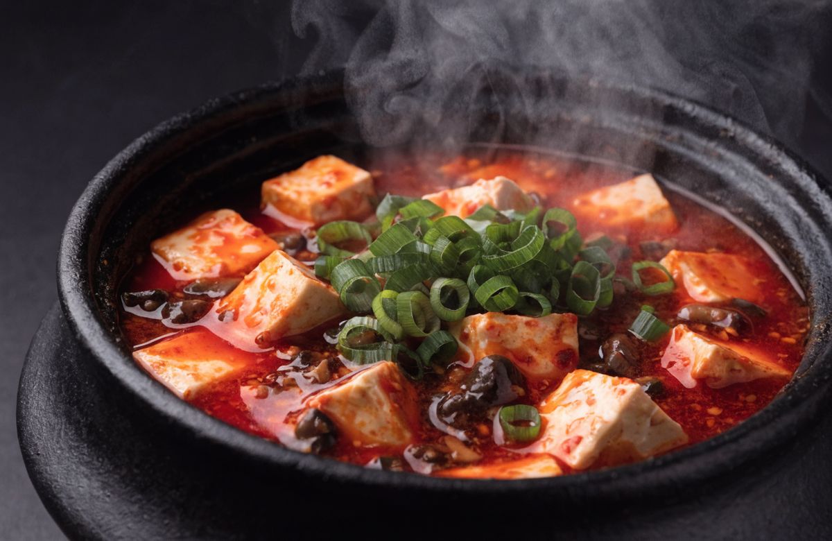Đậu hũ sốt cay Tứ Xuyên trong nồi đất đen, sốt đỏ bóng dầu ớt, rắc nhiều hành lá