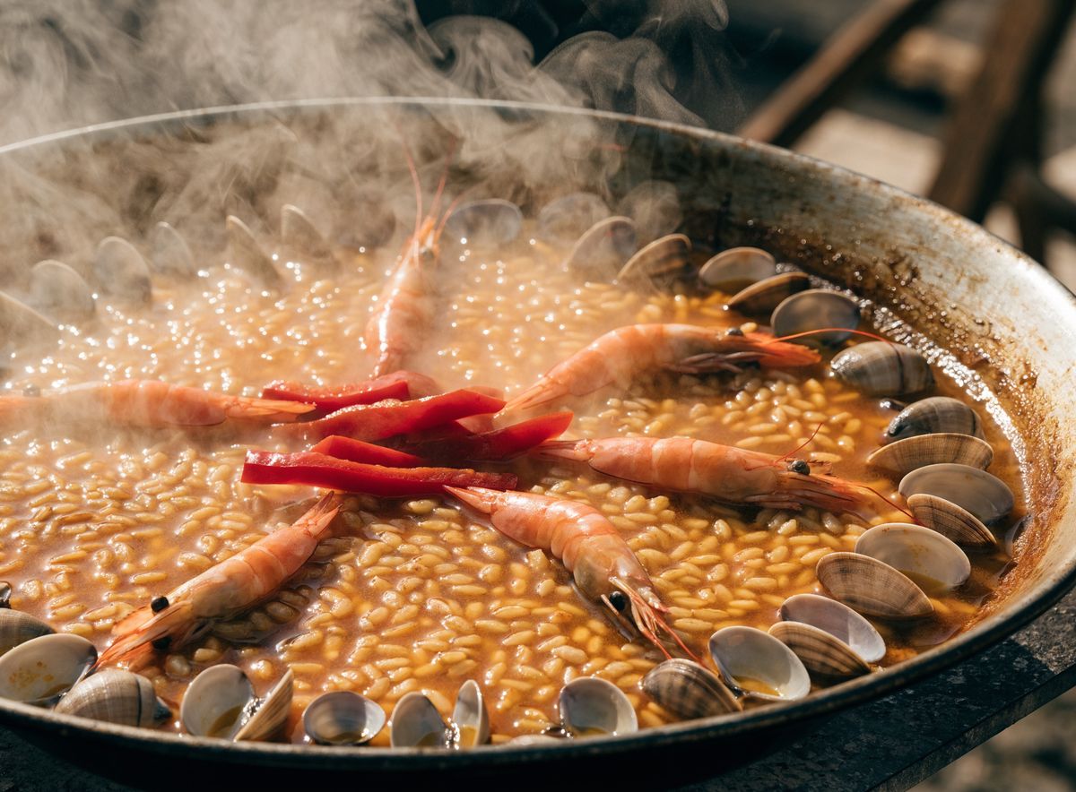 Chảo paella đang nấu, nước dùng vàng sôi quanh lớp gạo, ngao cắm đứng và tôm xếp trên mặt