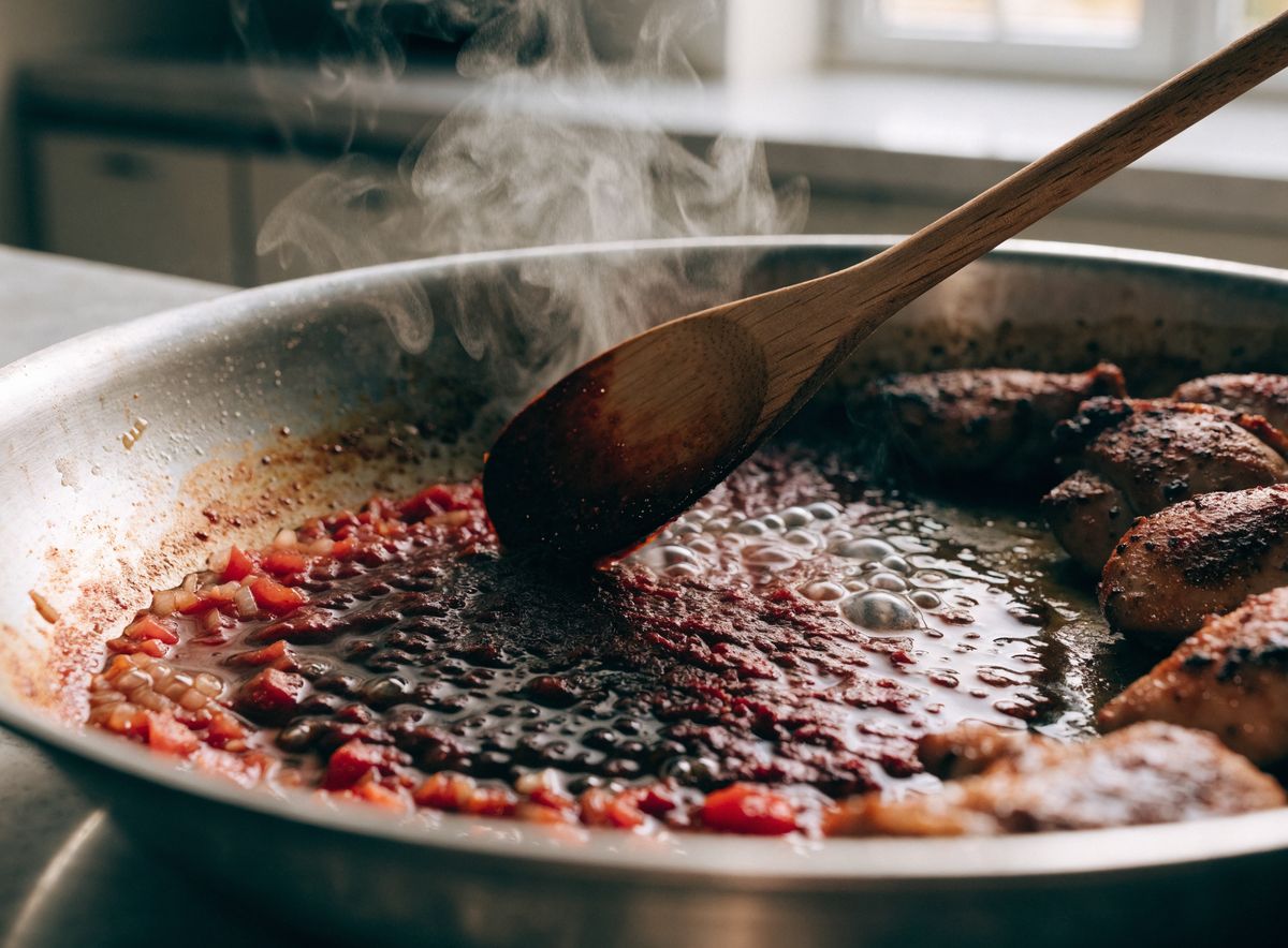 Sofrito gồm hành tỏi cà chua và ớt bột đang sệt lại thành hỗn hợp đỏ sẫm trong chảo paella